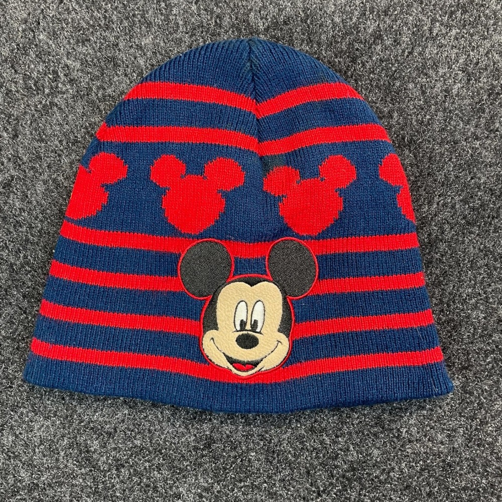 Disney Mickey Mouse Striped Knit Beanie Hat Youth OSFM Navy Red